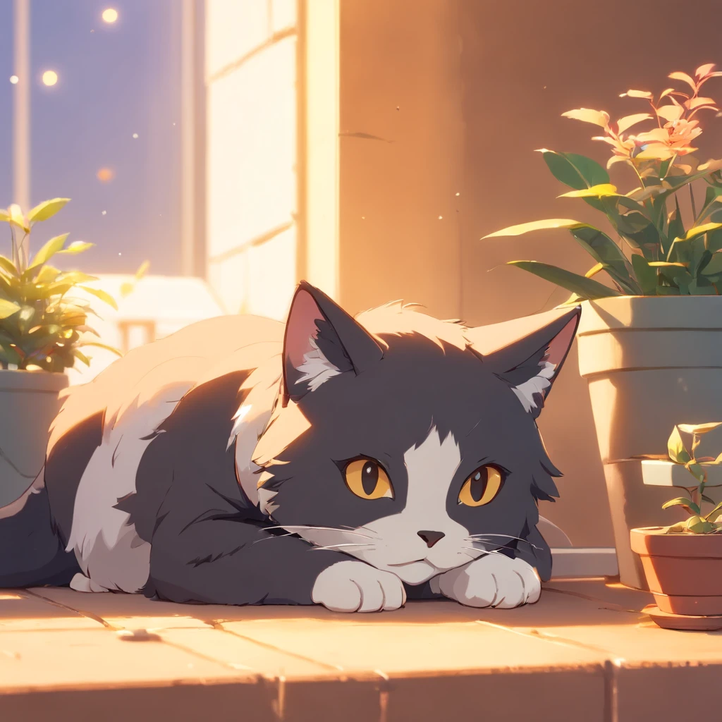 Anime cat laying on the floor next to potted plants - SeaArt AI