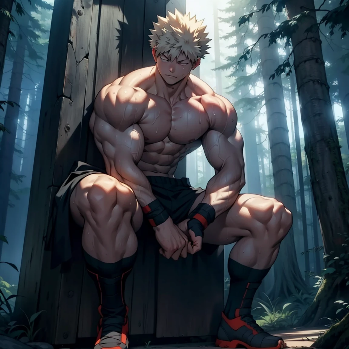 1 chico, Bakugou sin camisa en el trono y en forma , Transpiración - SeaArt  AI