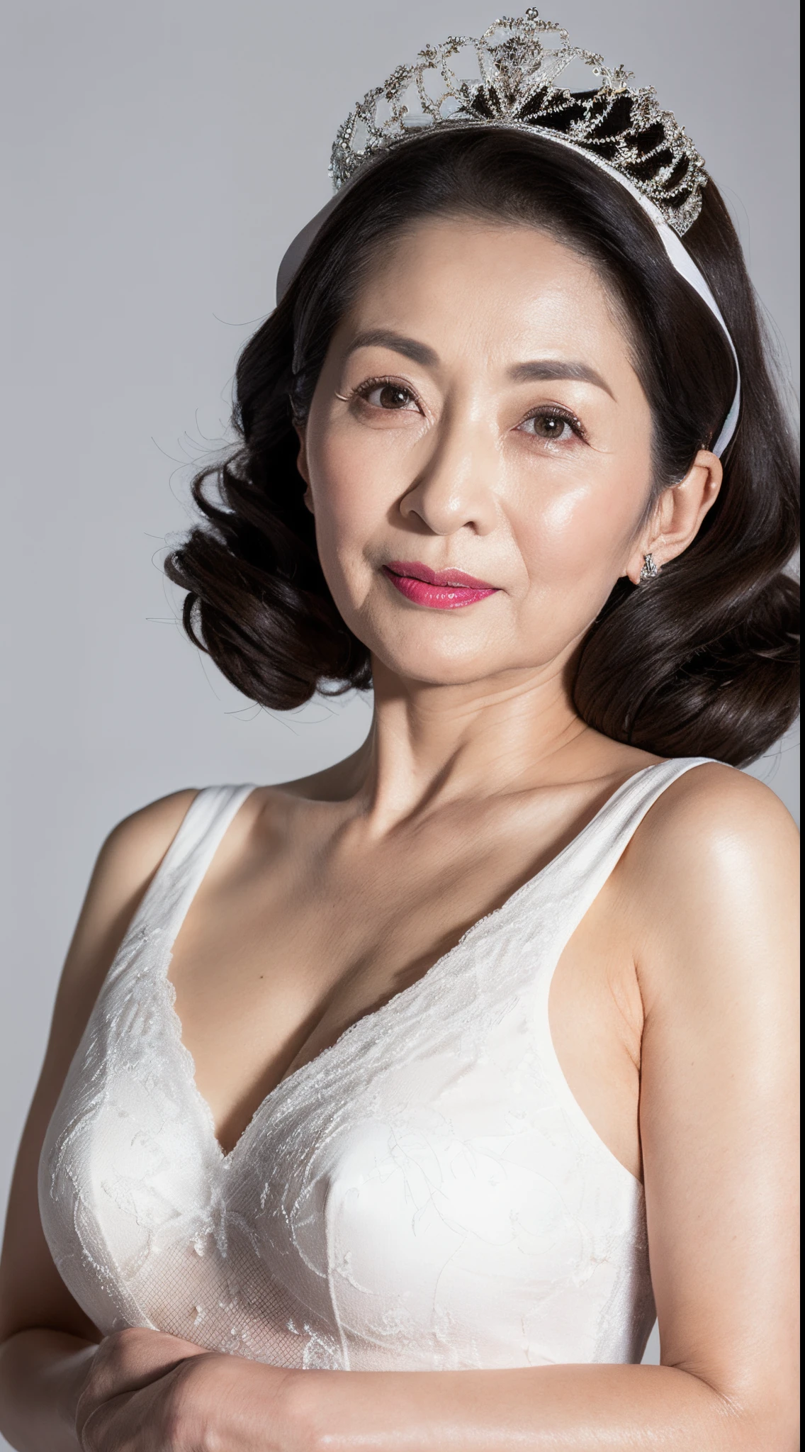 Remove Background, gravure, facing front, Wearing a tiara, red lipsticks, from the chest up, masterpiece, Best Quality, Ultra-detailed, Photorealistic, super detailed skin, Perfect Anatomy, (1 japanese mature woman), (Solo), 95 years old, Large breasts, Mature Woman Politician, glamor, A sexy, Chromo-white skin, Looking at Viewer