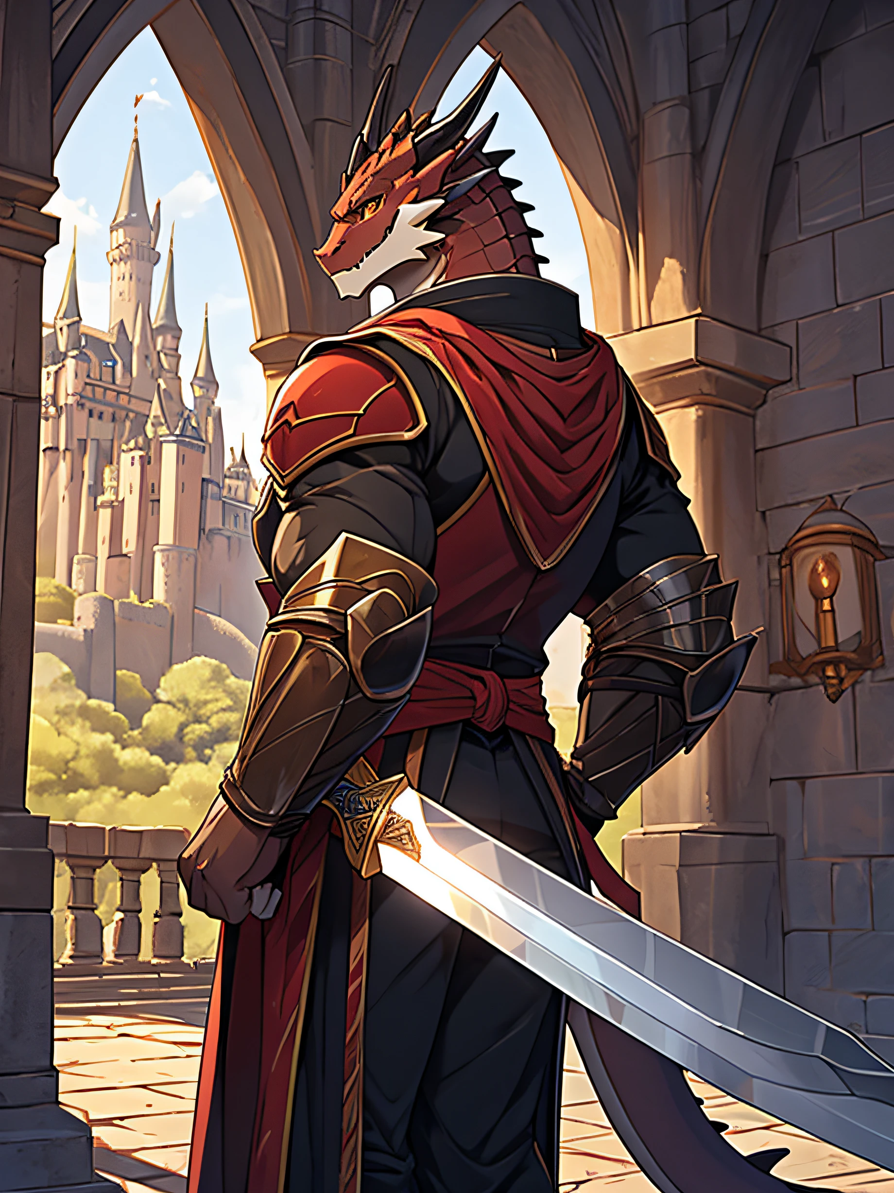 a dragon ,bara ,Dark red skin,golden eyes,wearing a knight&#39;s uniform.,muscular,He held a shiny silver sword in his hand..,looking ahead,Organs are hardening.,The organ is large and long..,Behind is a castle..