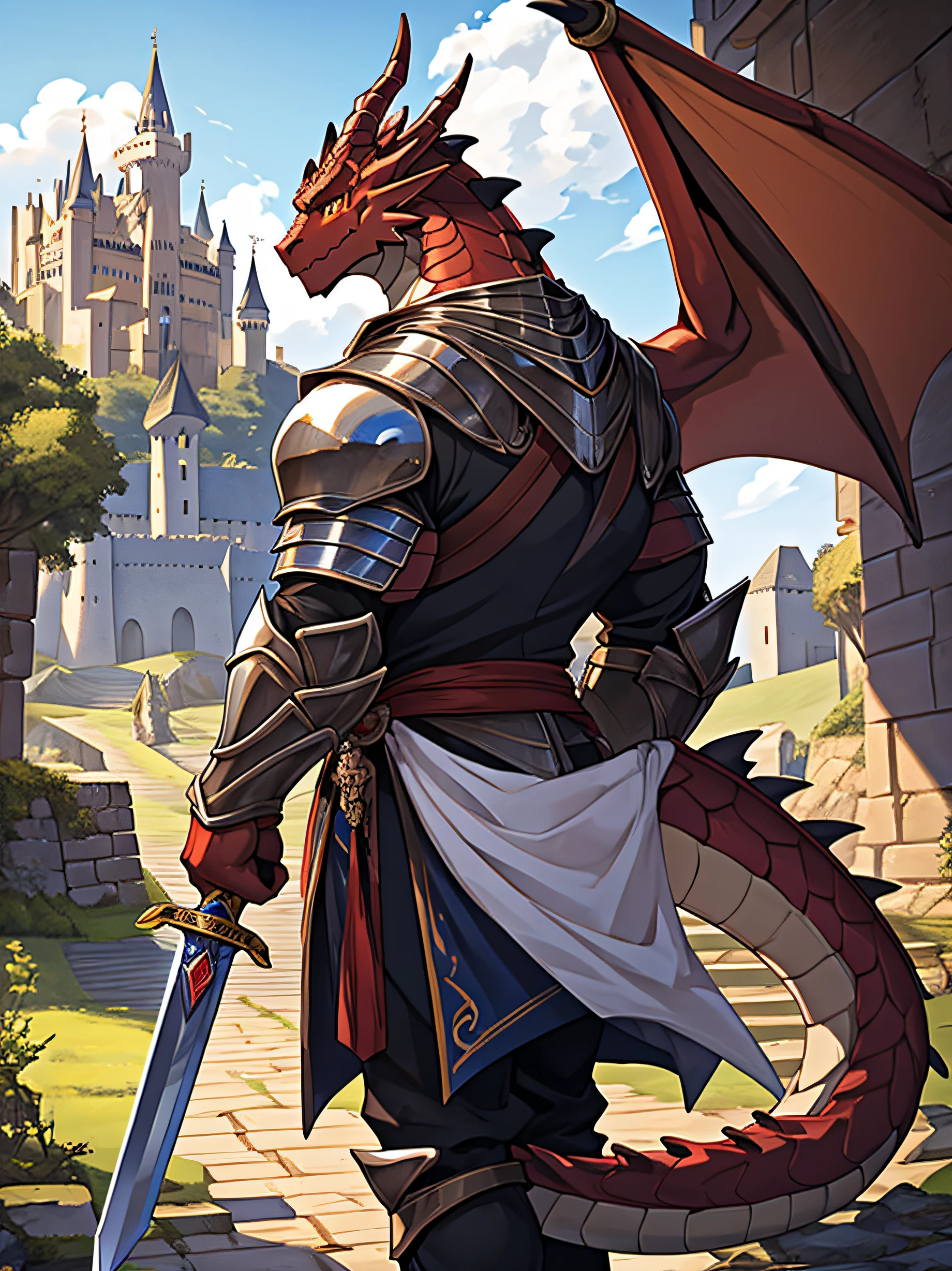 a dragon ,bara ,Dark red skin,golden eyes,wearing a knight&#39;s uniform.,muscular,He held a shiny silver sword in his hand..,looking ahead,Organs are hardening.,The organ is large and long..,Behind is a castle..