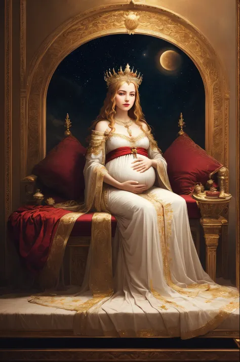 The Empress tarot card, The Empress is a beautiful, pregnant woman with blonde hair and a peaceful aura about her. She wears a c...