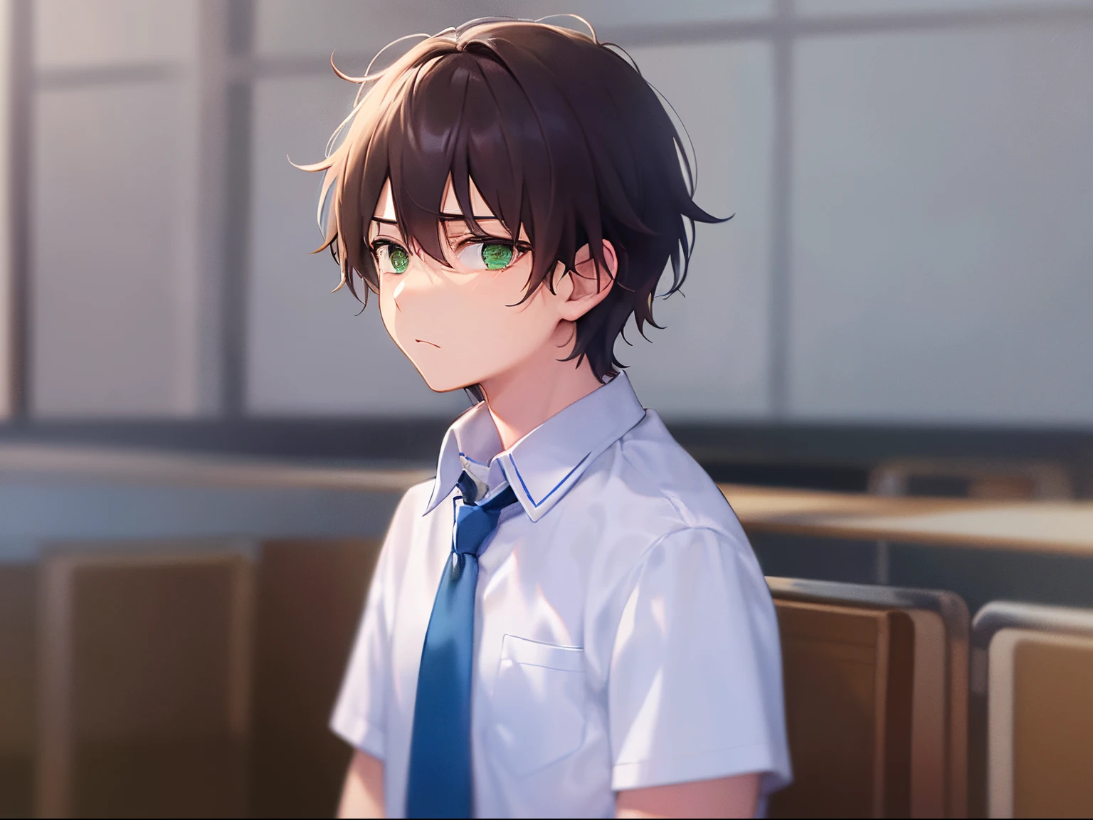 (look away:1.3),from behind, ​masterpiece、hightquality、18 year old male with short brown hair and green eyes、Wearing a high school uniform、white  shirt、blue tie、(Alone:1.5)、(Sad look:1.1)、(Only the upper body is shown.:1.3)、be in a school classroom、Bold composition、