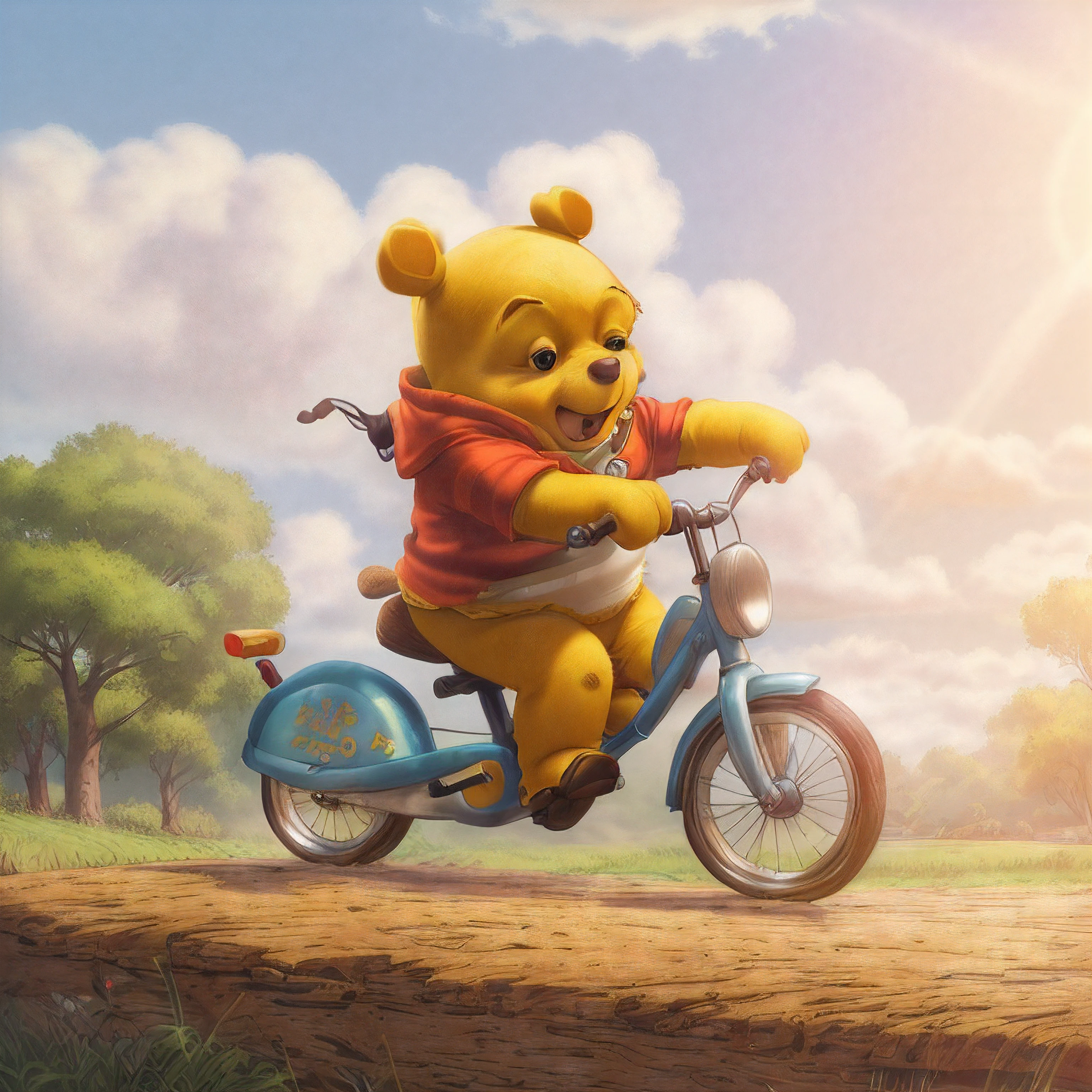 Winnie the pooh riding a blue motorcycle on a dirt road - SeaArt AI