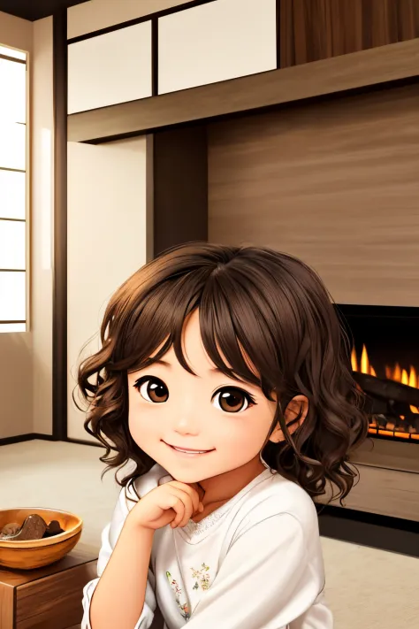a five years girl、A smile、short non-binary person, wavy brown eyes and hair、Simple modern living room background with fireplace