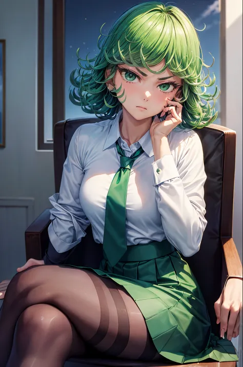 (masterpiece, best quality:1.2), solo, 1girl, tatsumaki, unamused, closed mouth, looking at viewer, hand on own face, sitting, c...