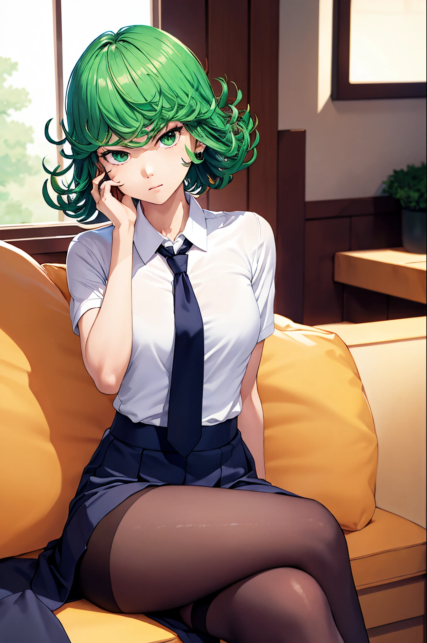 (masterpiece, best quality:1.2), solo, 1girl, tatsumaki, unamused, closed mouth, looking at viewer, hand on own face, sitting, crossed legs, collared shirt, necktie, skirt, pantyhose