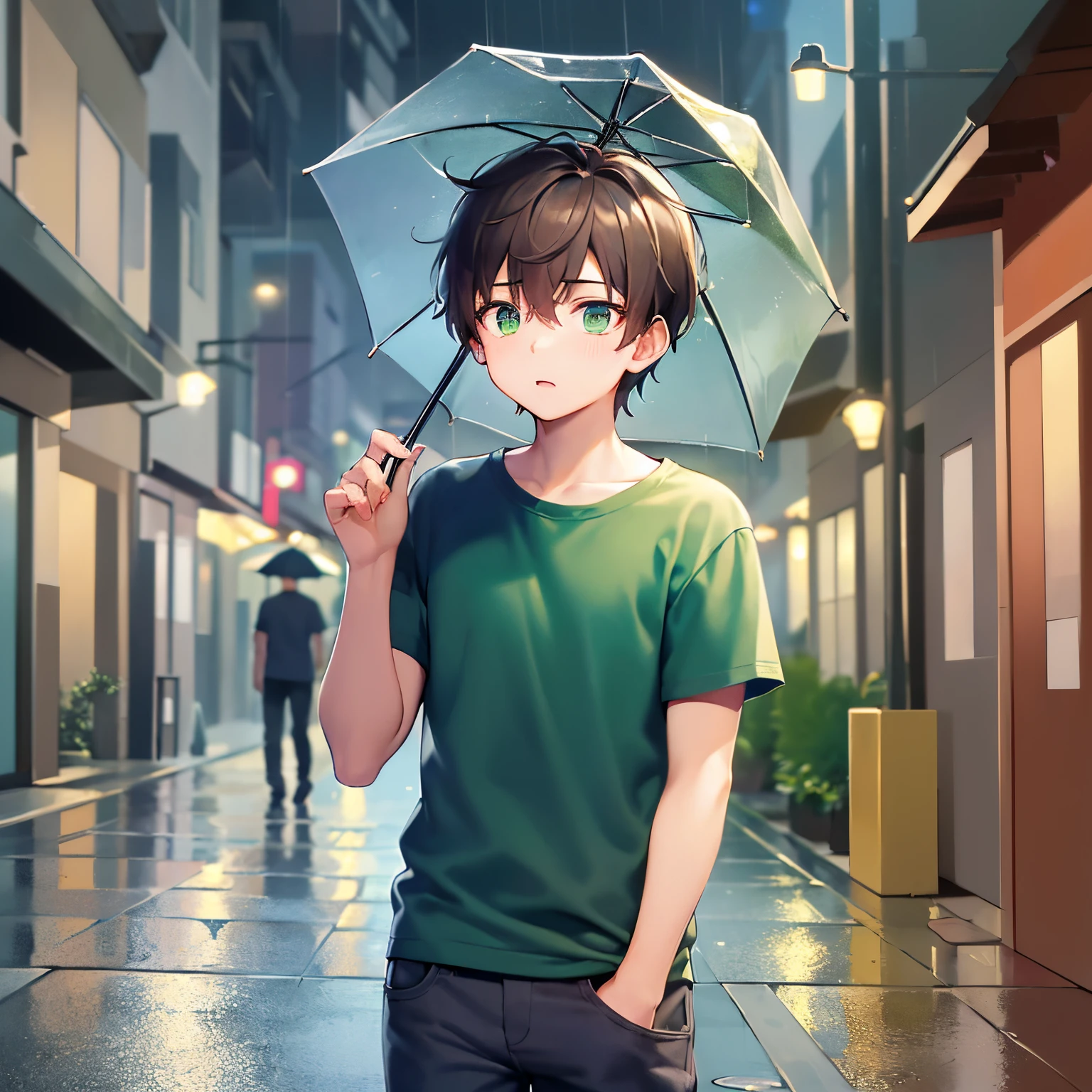 (night:1.2), holding an umbrella, rain, ​masterpiece、hightquality、18 year old male with short brown hair and green eyes、Wearing a green T-shirt、(Alone:1.5)、(A slightly surprised look:1.1)、(Only the upper body is shown.:1.3)、Residential area at night、Walking、Bold composition、