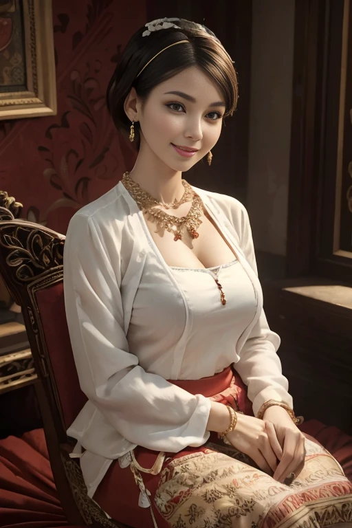 (realistic:1.3), insane detailed, quality, (masterpiece:1.2), (photorealistic:1.2), (best quality), (detailed skin:1.3), (intricate details), ray tracing, ((full body)), ((1woman)), (((1 person))), 30 years old, short hair, smile, red dress, skirt with pattern, color contrast between the dress and the skirt, skirt pattern, earrings, necklace, Javanese ornament, (blurred background), eyes on camera, Breast cleavage, medium breast