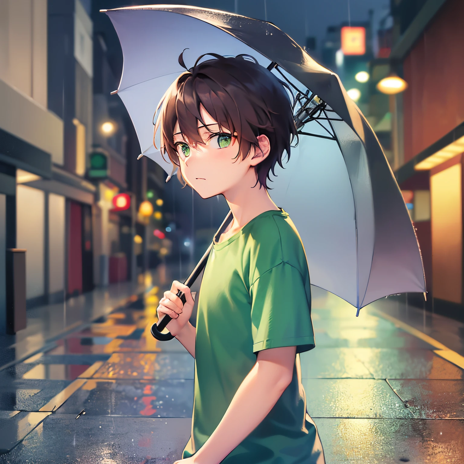 (night:1.2), holding an umbrella, rain, ​masterpiece、hightquality、18 year old male with short brown hair and green eyes、Wearing a green T-shirt、(Alone:1.5)、(A slightly surprised look:1.1)、(Only the upper body is shown.:1.3)、Residential area at night、Walking、Bold composition、