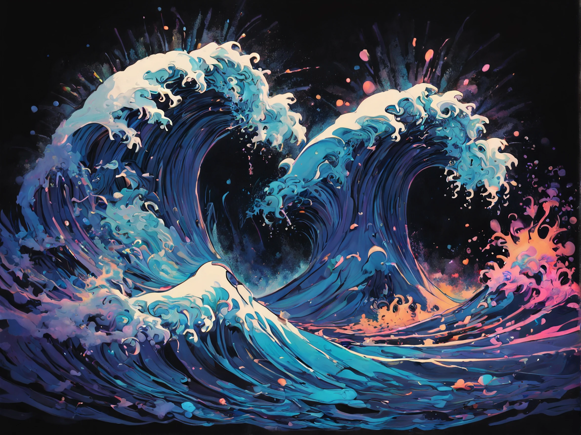 Beautiful Black Light Art inspired by Takashi Murakami  depicted of wave of ocean that express difference of poor and rich, splash brush color, exposure, light, (Black light art), black background, blacklight. light painting