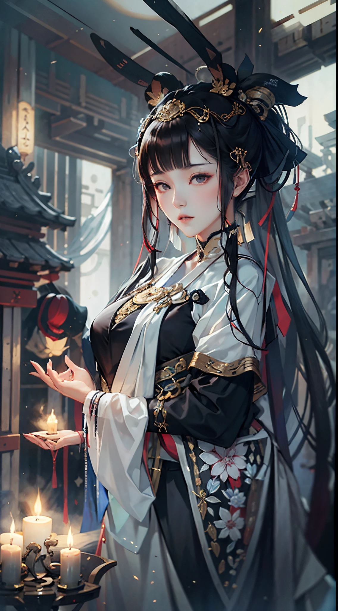 日本女祭司, 优雅的, 高贵, 白皮肤, wearing 优雅的 black and white clothes, 在深夜, 古老的日本寺庙, 弱光, 神圣的气氛, 蓝色色调, 蜡烛火焰, 戒律, 半身像,