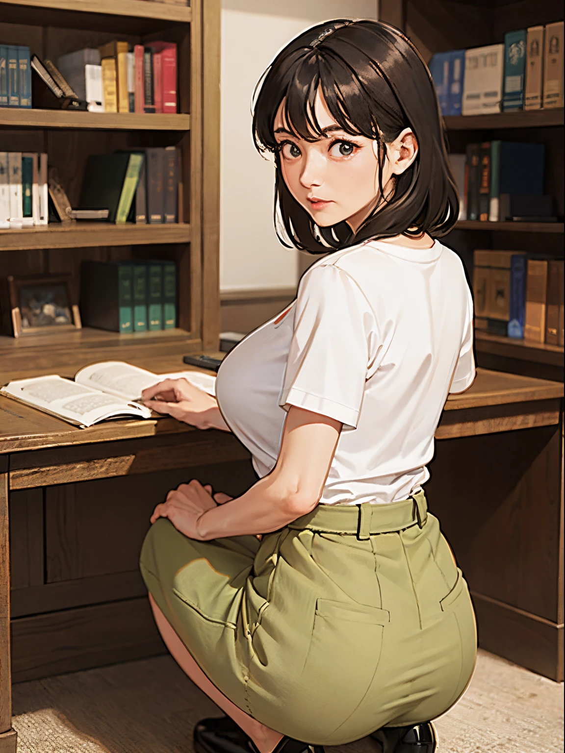 in the study room,50years-old,Mature woman squatting,t-shirt,long skirt,large breasts , from behind,In front of the bookshelf