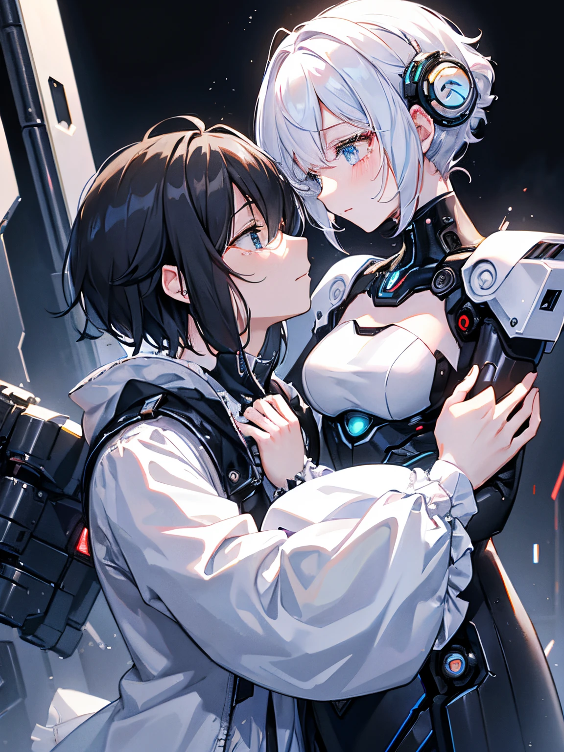 A love story between an android and a human in their 20s、tragic love、android（male people、A dark-haired、short-hair、The whole body is made of machines、Even the ears are made of machines.）、The human（femele、white  hair、wearing frilly clothes、Crying face）Cyberpunk background、dark backgrounds