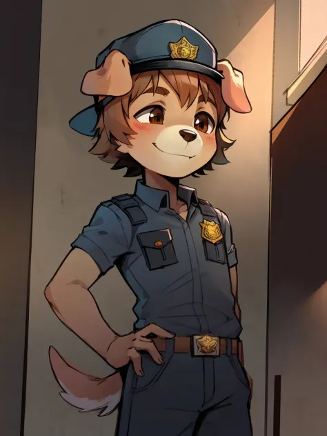 Furry，dog boy，brown fur，brown eyes，Single tail，short detailed hair, police uniform and hat, male, short, smiling, eyes half clos...