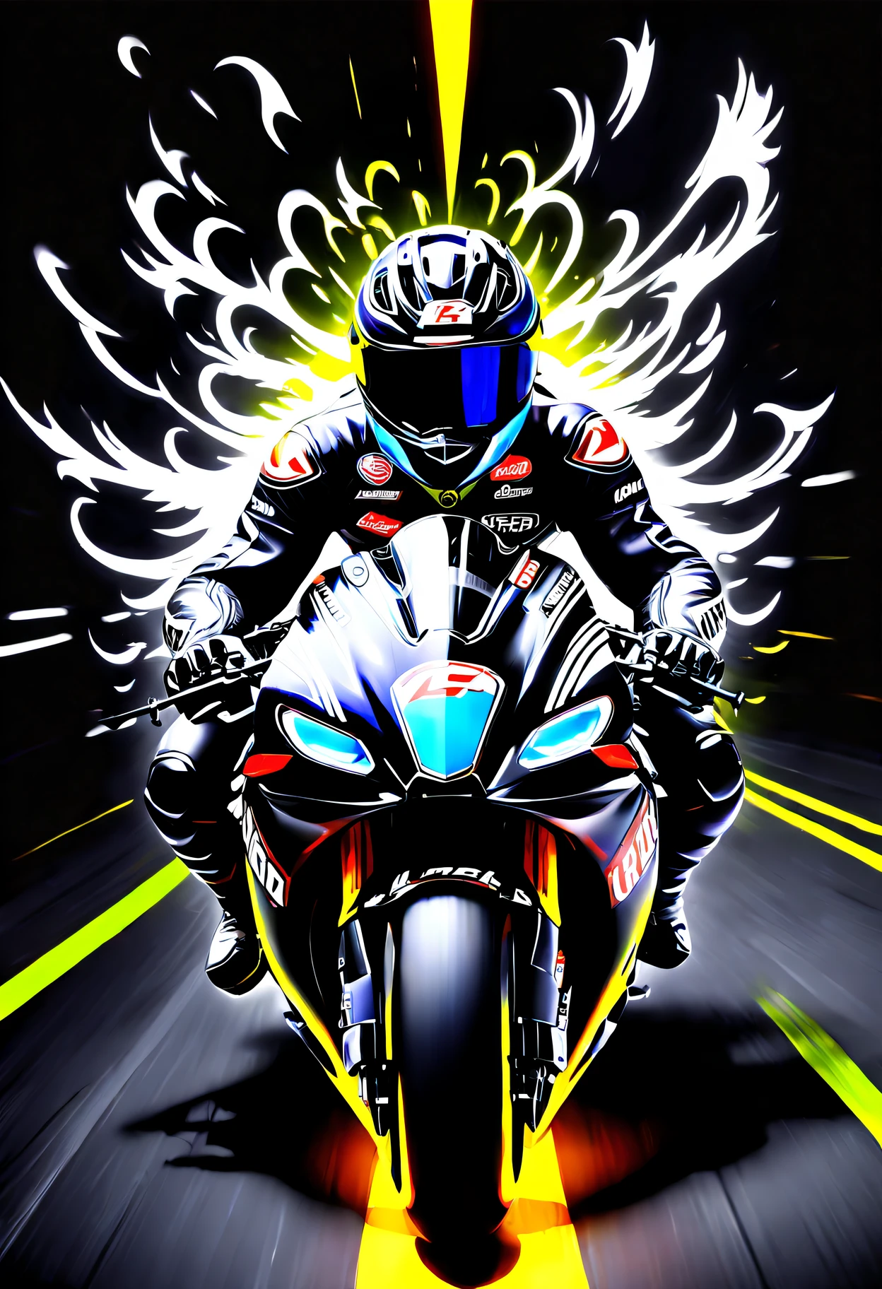 motorcycle grand prix, Detailed high quality speed slides, High resolution detailed design, Realistic racing helmet, the motorcycle, (black light style:1.5, black light painting style:1.5,Black light art:1.5),