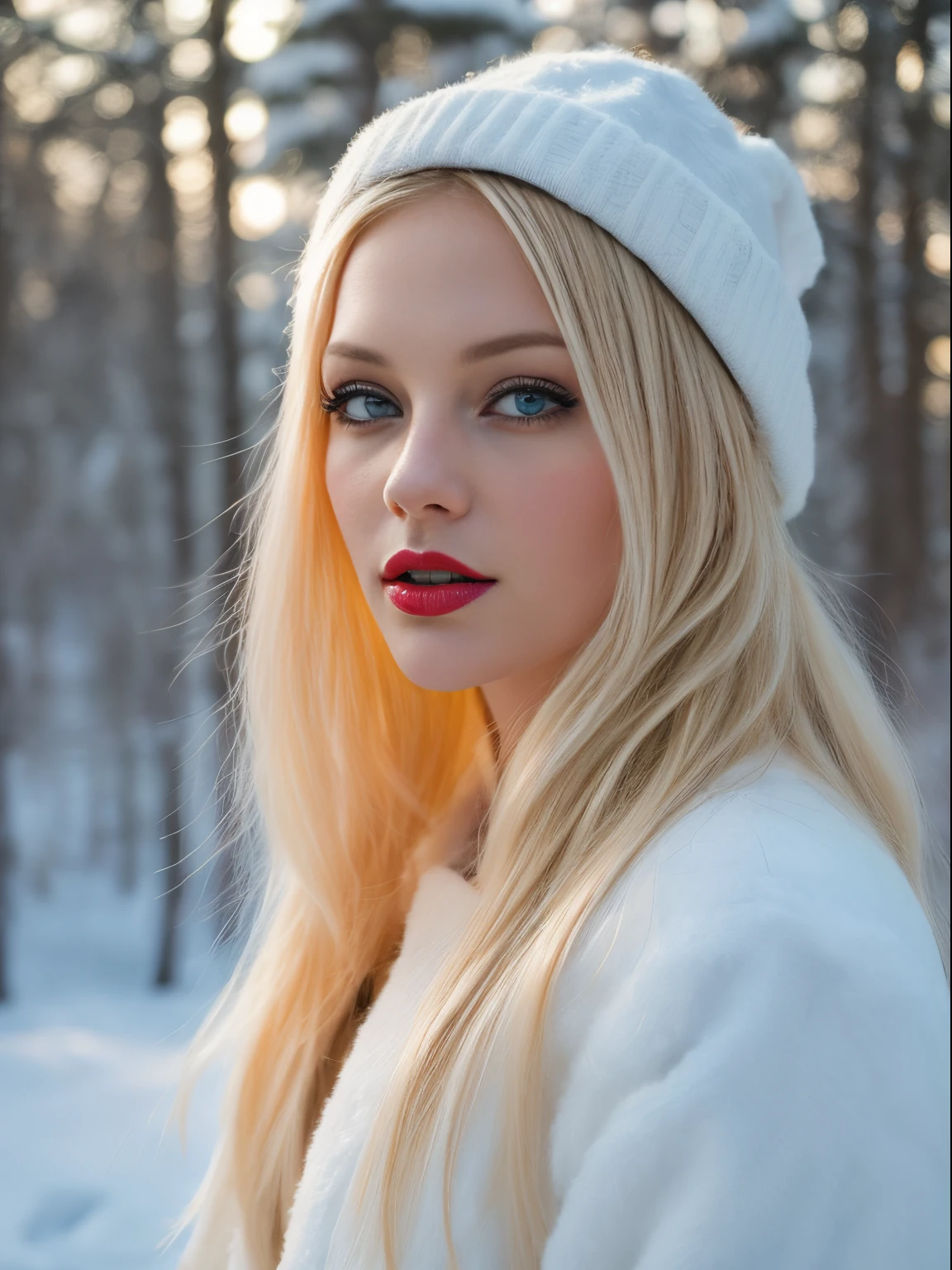 Blonde Woman With Blue Eyes And Red Lips In Winter Forest Seaart Ai