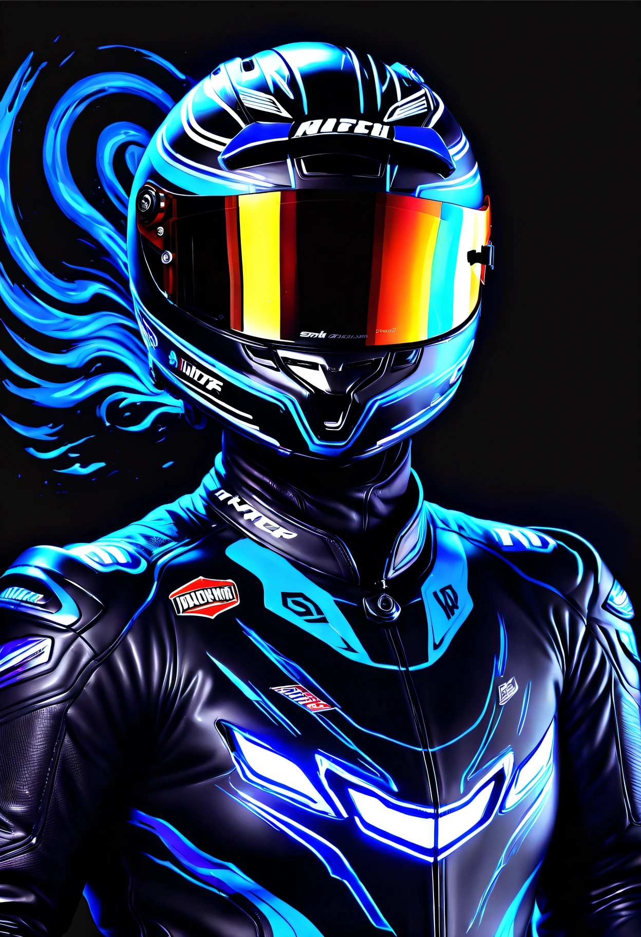 motorcycle grand prix, Detailed high quality speed slides, High resolution detailed design, Realistic racing helmet, the motorcycle, (black light style:1.5, black light painting style:1.5,Black light art:1.5),