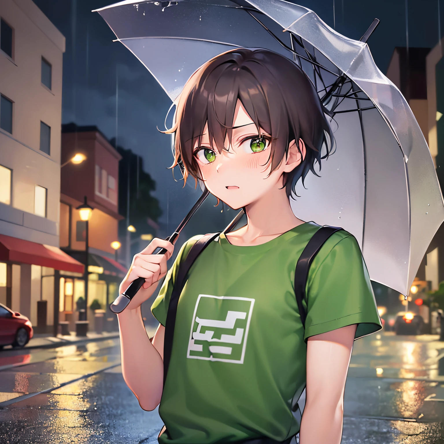 (night:1.2), holding an umbrella, rain, from below, look away, ​masterpiece、hightquality、18 year old male with short brown hair and green eyes、Wearing a green T-shirt、(Alone:1.5)、(Flustered expression:1.1)、(Only the upper body is shown.:1.3)、The background is a residential area at night、Bold composition、