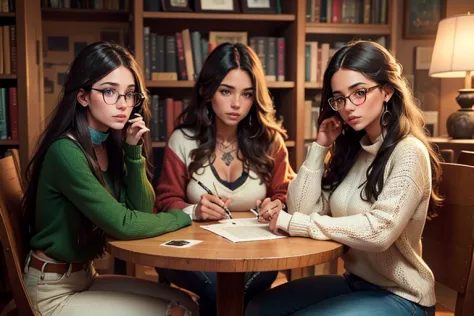 three gorgeous artsy women, long flowing thick natural hair, dressed in  knit sweaters and ripped jeans pants, jewelry, tattoos,...