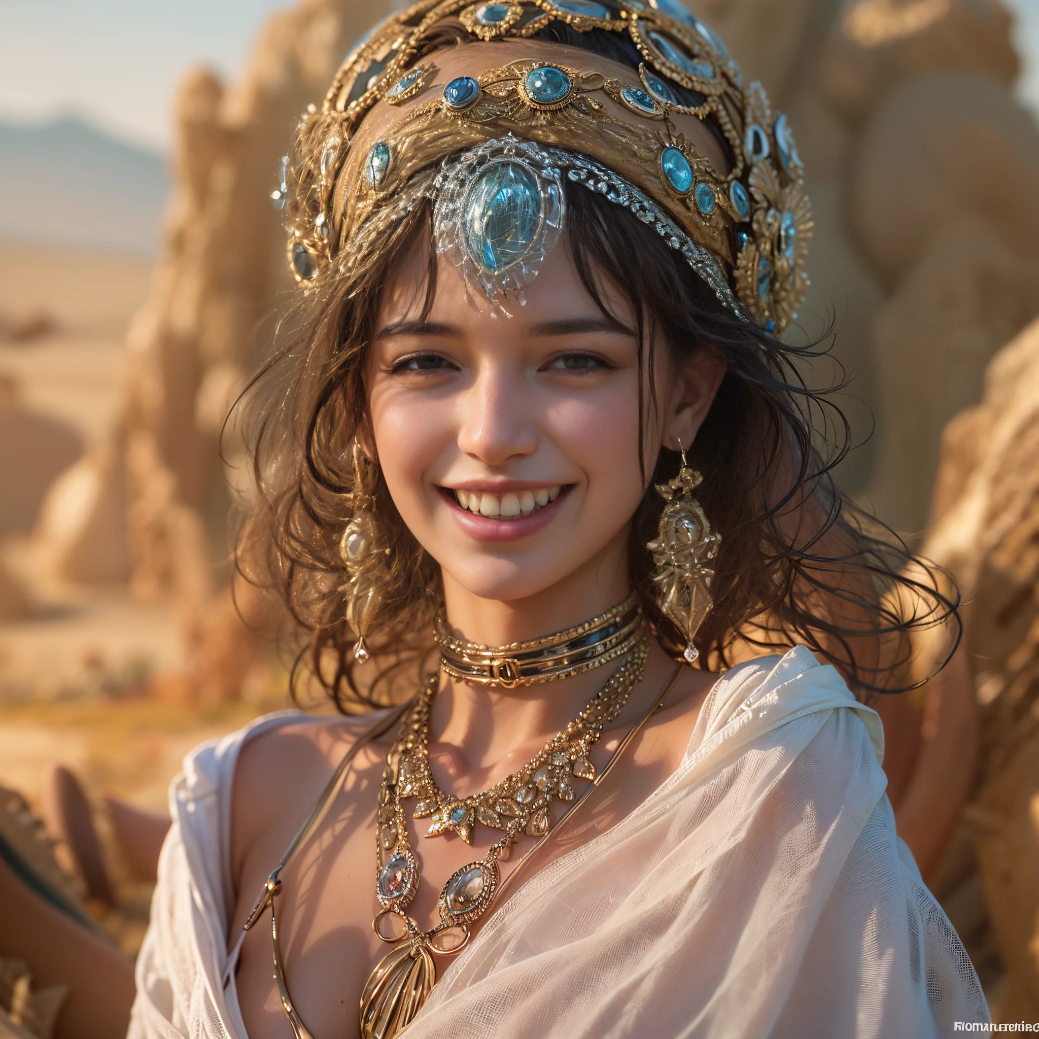 (Best quality, 8k, 32k, Masterpiece, UHD:1.2) water nymph welcomes you to her private oasis, deep in the desert, jewelry, clothed, sfw, north africa, closeup, smile, renatadaninsky