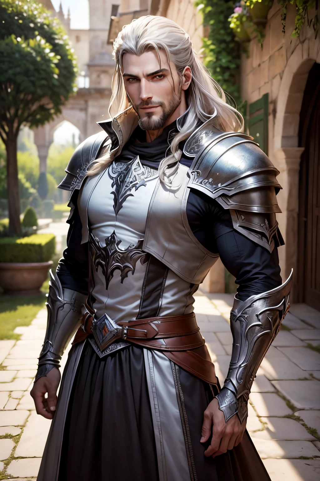 A close up of a man in a silver armor standing on a sidewalk - SeaArt AI