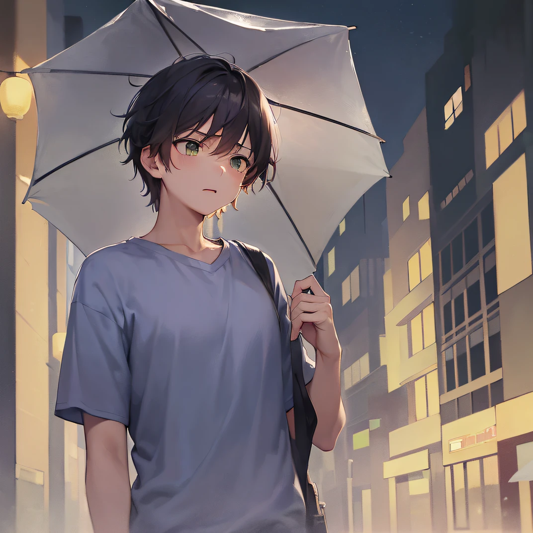 (Night:1.2), Holding an umbrella, Rain, From below, Look away, ​masterpiece、hightquality、18 year old male with short brown hair and green eyes、Wearing a green t-shirt、(Alone:1.5)、(Flustered expression:1.1)、(Only the upper body is shown.:1.3)、The background is a residential area at night、Bold composition、