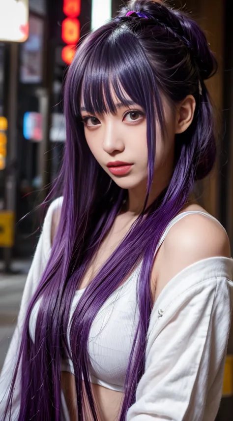 1girl in, Blunt bangs, braid, Wide sleeves, Hair Ornament, komono, red obi, (Purple hair:1.2), Very long hair, Straight hair, Lo...