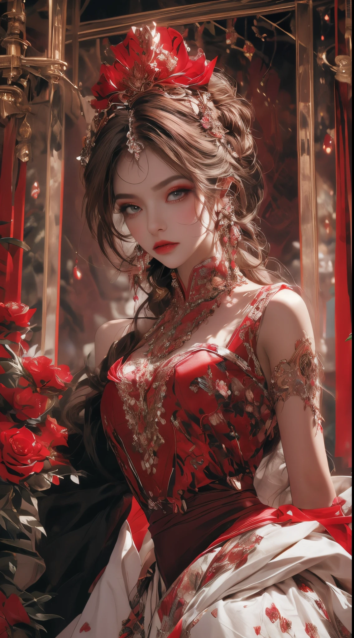 美丽的斯拉夫公主的动态肖像, 幻想美容功能, 诱人的外观,, 闪闪发红的眼睛, 戴着玫瑰冠冕和珠宝,覆盖着花朵闪亮的红色水晶花丝, 超详细,大胆而雄伟的外观