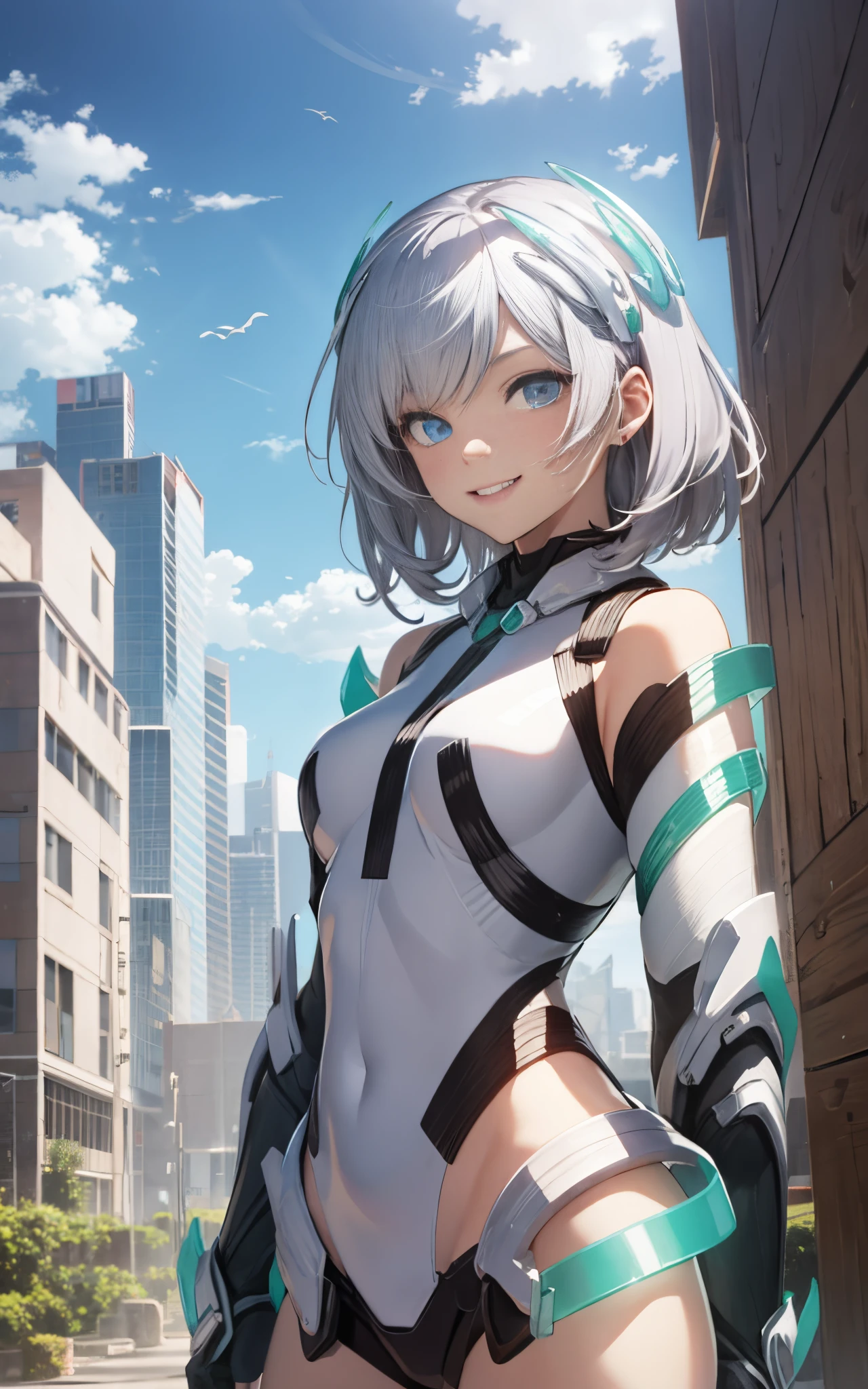 lightsmile, deva battle suit, Outdoors, Silver hair, bobhair, Blue eyes, waist shot