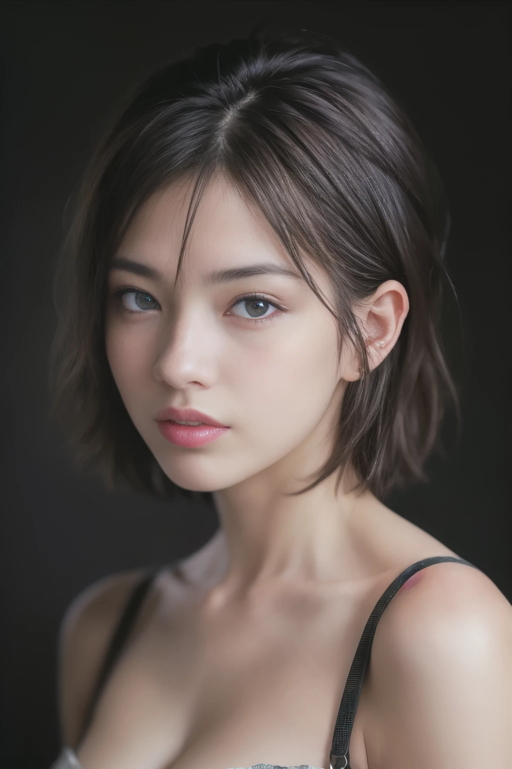 Best quality, masterpiece, ultra high res, (photorealistic:1.5), raw photo, 1girl, offshoulder, in the dark, deep shadow, low key, cold light, sexy look, short hair