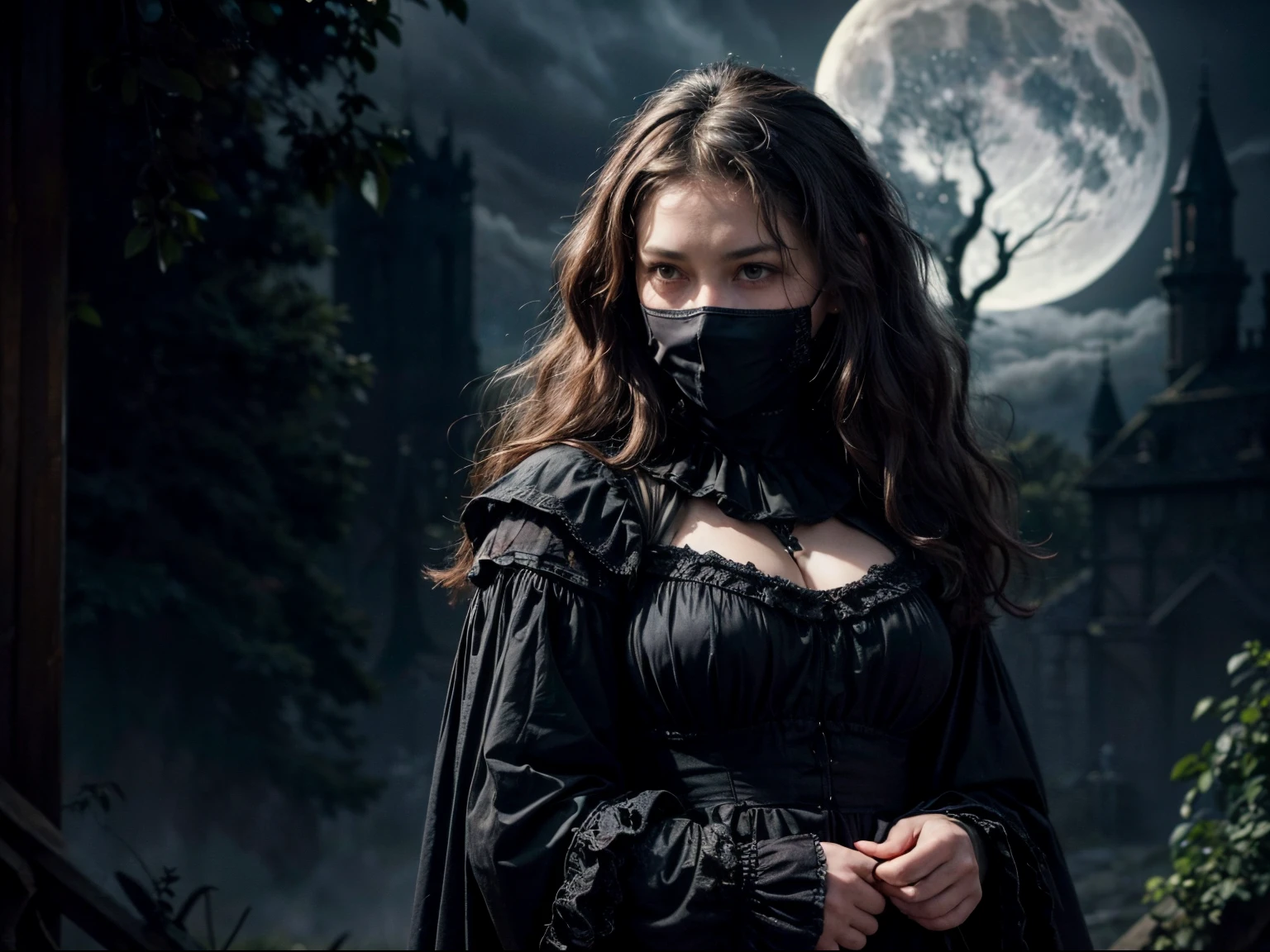 (% of photo is black in drawing:1.4), (detailed fabrics:1.2), (early sunrise light:0.5), (Rembrandt lighting:1.3)the full figure of a dark fully draped female with a pale white oval mask on, glides through a gothic landscape, her black boots support her body, she runs towards a small cottage in the distance, the cottage has a single window lit in the darkeness, mix 4, realistic, photo_\(medium\), solo, (masterpiece), (photorealistic: 1.3), ultra detailed, (high detail) skin: 1.2), (best quality: 1.0), (ultra high resolution: 1.0), (Orchan-6500: 0.3), wavy detailed hair, long dark hair, moon light blue, (beautiful detailed drapery and mask), (grey and moody: 1.0), mysterious haunting scene, movement captured of flowing drapery, (an extremely delicate and beautiful)), solo female、masterpiece、ultra detailed, accent lighting, high resolution、Farbe々Color、(grey clouds, dead trees, gothic castle ruins, spooky and eerie)), (strong presence )、a beautiful darkness (Highly detailed skin:1.2)、looking at the camera、(blushing_ embarrassed, drooling, aroused)、beauty, Digital SLR, Soft lighting, High quality, FujifilmXT3、Film Lighting、Dramatic、Taken behind branches, dark foreground that focuses camera to dark draped figure of woman, William-Adolphe Bouguereau painterly landscape, trance, attractive、A lovely smilel、having good time, date、quickie, entranced, flirting fun with me., cozy playful, (intimate relaxed style photoshoot)