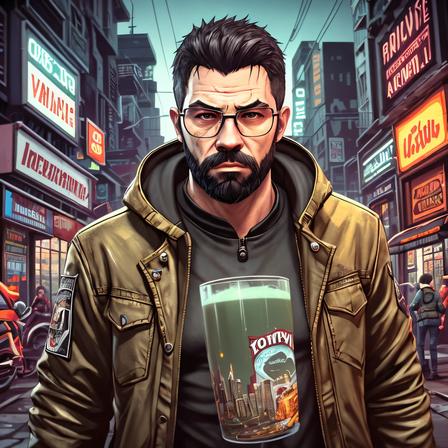 Close-up PivaArts male with glasses and beard, drinking juice, GTA IV style, high-res, ultra-detailed, realistic, urban cityscape, vibrant colors, street art, graffiti, dynamic lighting, cinematic composition, retro vibes, character customization, darkened atmosphere, stylish fashion, iconic protagonist, bustling metropolis, neon lights, expressive facial features, immersive gameplay, interactive environment, action-packed scenes, gritty textures, gritty urban lifestyle, photorealistic characters, detailed background details, attention to detail, moody ambiance.