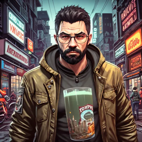 close-up pivaarts male with glasses and beard, drinking juice, gta iv style, high-res, ultra-detailed, realistic, urban cityscap...