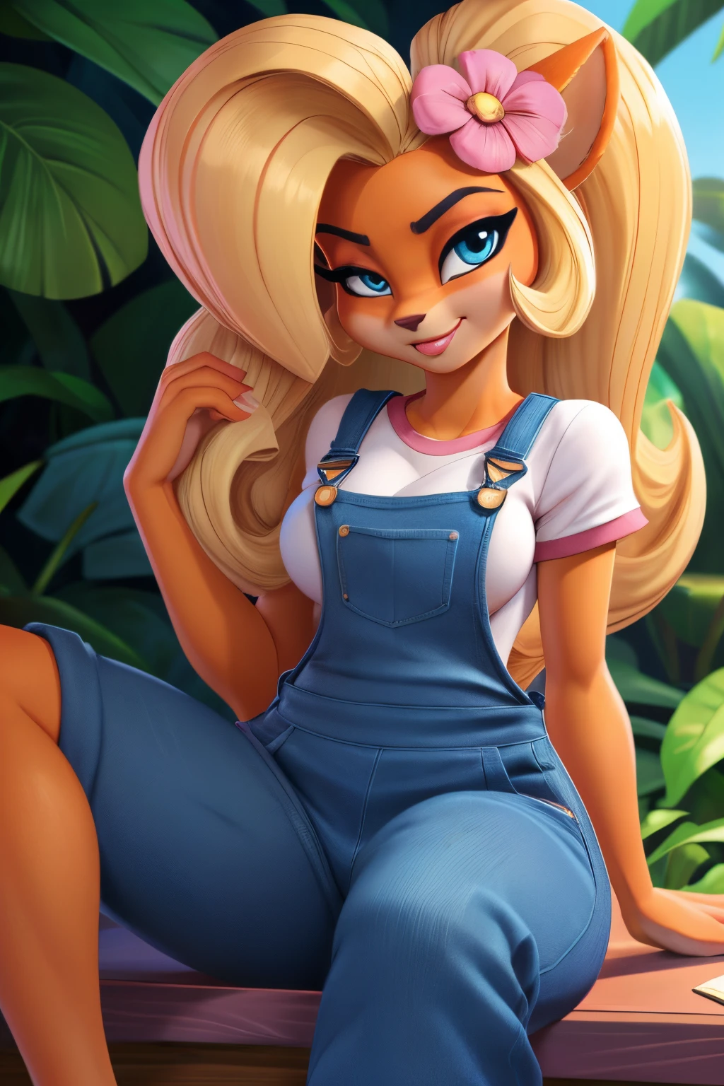 ((ultra quality)), ((tmasterpiece)), coco bandicoot, ((blonde woman)), ((there are only bandicoot ears)), (pink flower in hair), (Beautiful cute face), (beautiful female lips), Charming, (coco bandicoot nose), ((sexy facial expression)), looks at the camera with a gentle smile, eyes are slightly closed, ((skin color red)), (there is cat hair on the body), Body glare, ((detailed beautiful female eyes)), ((dark blue eyes)), (juicy female lips), (beautiful female hands), ((perfect female figure)), perfect female body, Beautiful waist, nice feet, black claws, gorgeous big thighs, Beautiful ass, beautiful breasts, ((Subtle and beautiful)), seductively sits, there&#39;s a pink laptop lying next to it (dressed in blue overalls) background: Jungle, ((Depth of field)), ((high quality clear image)), (crisp details), ((higly detailed)), Realistic, Professional Photo Session, ((Clear Focus)), the anime, NSFW