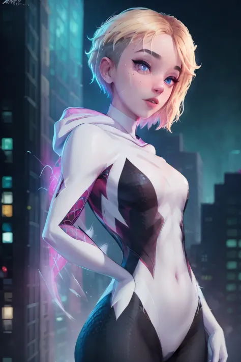 ghost spider, gwen in a black outfit with spider in the center of his chest in white, organic looking outfit, gooey forehead, sy...