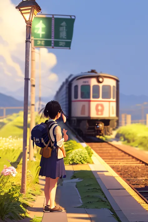 an arafe girl standing on the station platform with a backpack on her back, japan rural travel, lonely girl waiting for train, b...