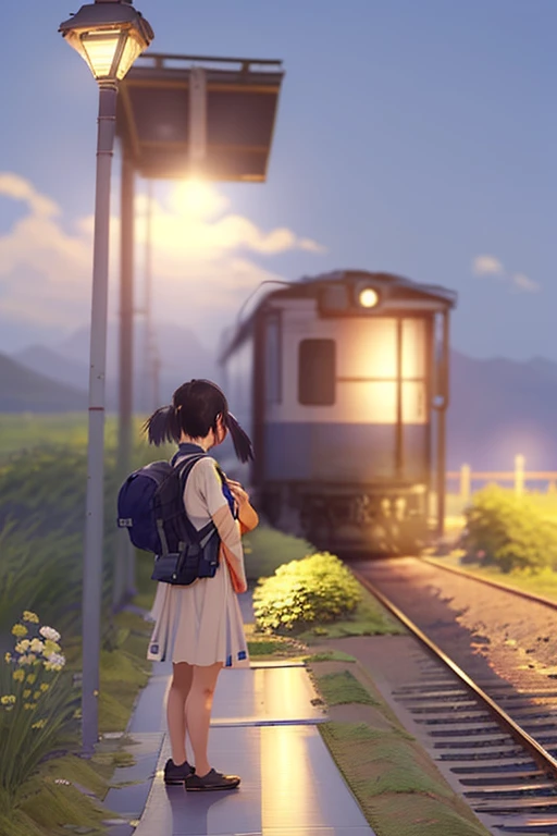 An arafe girl standing on the station platform with a backpack on her back, japan rural travel, Lonely girl waiting for train, by Yasushi Sugiyama, train station in summer, by Maeda Masao, by Kaii Higashiyama, by Hiroshi Honda, Train far away, by Yokoyama Taikan, by Tsubasa Nakai