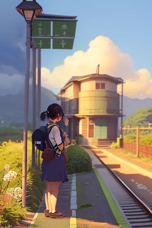 an arafe girl standing on the station platform with a backpack on her back, japan rural travel, lonely girl waiting for train, b...