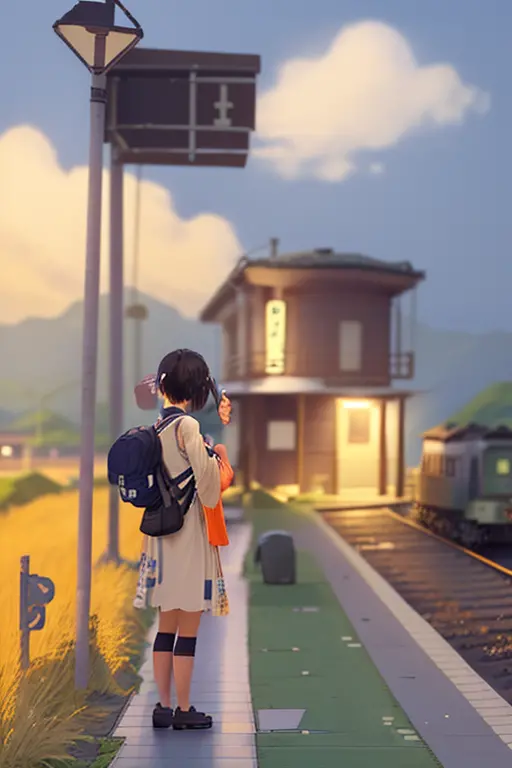 an arafe girl standing on the station platform with a backpack on her back, japan rural travel, lonely girl waiting for train, b...