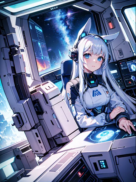 The spaceship is flying in outer space. A girl with long white hair and bunny ears sits in the cockpit of a sci-fi spaceship and...