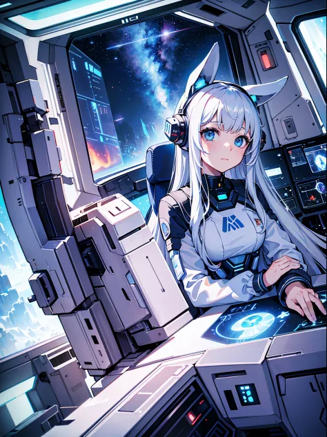 the spaceship is flying in outer space. a girl with long white hair and bunny ears sits in the cockpit of a sci-fi spaceship and...