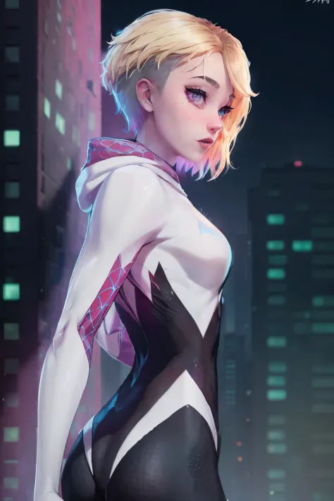 ghost spider, gwen in a black outfit with spider in the center of his chest in white, organic looking outfit, gooey forehead, sy...