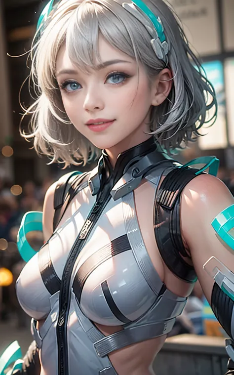 lightsmile, deva battle suit, outdoors, silver hair, bobhair, blue eyes, waist shot