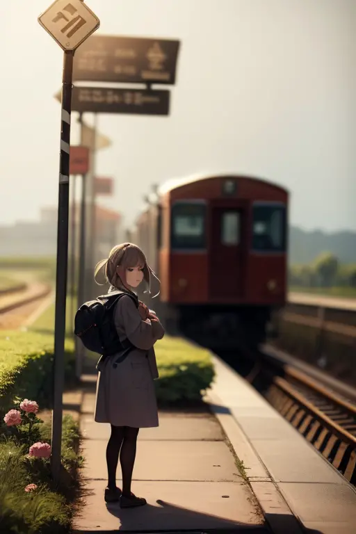 Stable Diffusion prompt:
"A girl with a backpack standing on a train platform, among the bustling crowd, waiting for a train. Sh...