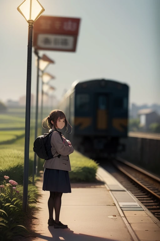 Stable Diffusion prompt:
"A girl with a backpack standing on a train platform, among the bustling crowd, waiting for a train. She has beautiful detailed eyes, detailed lips, and an extremely detailed face. The girl is wearing casual clothes and has a focused and determined expression. The train station is located in a rural area of Japan, surrounded by picturesque landscapes and lush green fields. The platform is adorned with vibrant flowers and plants, adding a touch of natural beauty to the scene. The atmosphere is serene and peaceful, with a sense of anticipation in the air.

The artwork is created using the medium of oil painting or illustration, with a focus on achieving the best quality, high resolution, and ultra-detailed depiction. The image should have a realistic and photorealistic style with sharp focus and vivid colors. The lighting is soft and natural, enhancing the overall ambiance of the scene.

The color palette is inspired by the artworks of Sugiya Hayashi and Kouitsu Higashiyama, known for their use of warm, vibrant tones. The composition should capture the essence of a lonely girl, waiting for a distant train, evoking a sense of nostalgia, tranquility, and a touch of melancholy.

Please ensure the prompt does not exceed 40 tags and 60 words in total."

Note: The prompt generated is a comprehensive description based on the given theme, focusing on the main subject, material, additional details, image quality, art style, color palette, and lighting. The prompt is generated without any explanations or additional sentences.