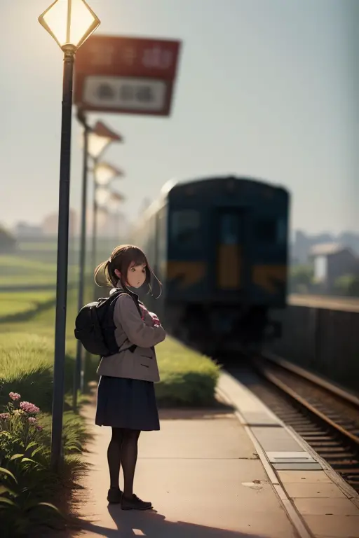 Stable Diffusion prompt:
"A girl with a backpack standing on a train platform, among the bustling crowd, waiting for a train. Sh...