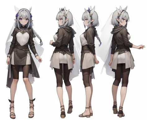 1girl, reference sheet, matching outfit, (fantasy character design, front angles, side angles, rear angles, solid white background) Sylara, elf, ethereal presence, silver hair cascading in intricate braids, adorned with subtle desert flowers, captivating a...