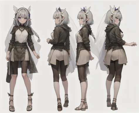 1girl, reference sheet, matching outfit, (fantasy character design, front angles, side angles, rear angles, solid white background) Sylara, elf, ethereal presence, silver hair cascading in intricate braids, adorned with subtle desert flowers, captivating a...