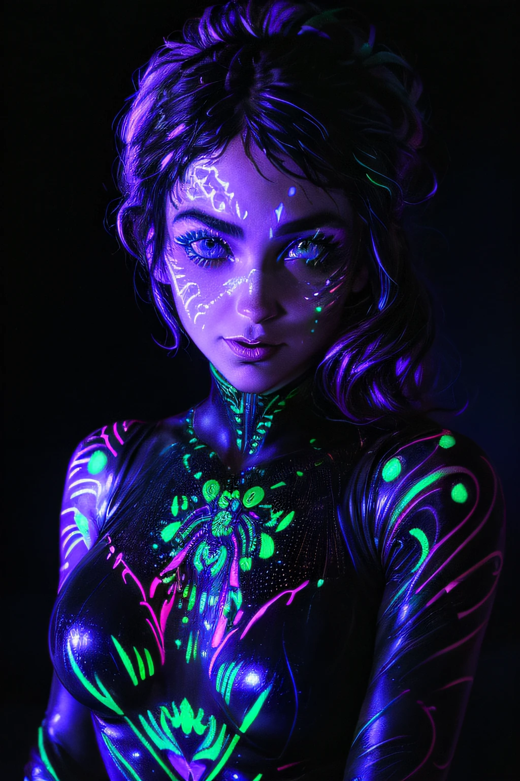 (black light painted on girl&#39;s face:1.3, close up black light), (masutepiece:1.3), (8K), (Best Quality:1.4), (nffsw:1.2), (Photorealistic:1.3),(Raw photography), (1girl in), (ultra high detailed), (Detailed face), Very perfect beautiful and cute face, (detailed hairs), Beautiful hair, Bangs, (Symmetrical eyes:1.3), (Detailed eyes), (Detailed skin), Realistic skin, Ultra high definition, (medium breasts:0.7, well-shaped breasts), (slim figure), (Supermodel Figures), Gentle smile:1.1, (Intricately patterned bodysuit with black light damask paint:1.3), (upperbody shot), (in the dark room withou:1.5), (cyberpunk blacklight painting background:1.3)